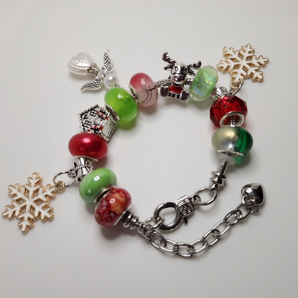 Hand Crafted Holiday Bracelet with Red, Green, and Silver Charms - Picture 1 of 3